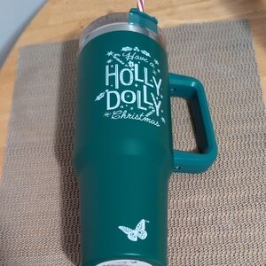 Green Holly Dolly Christmas Tumbler W/ Straw Dolly Parton New